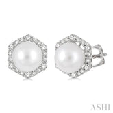 7 MM Cultured Pearls and 1/3 Ctw Hexagon Shape Round Cut Diamond Earrings in 14K White Gold